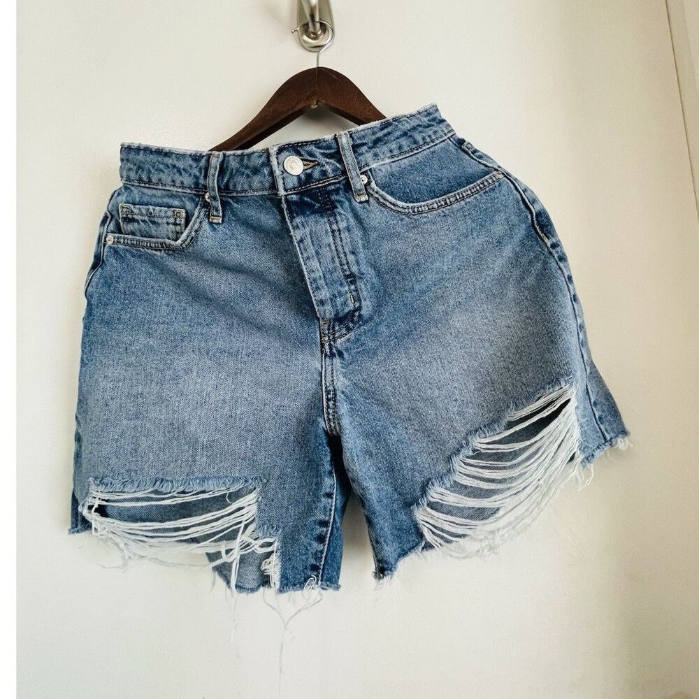 Distressed Cut Off Denim Shorts Blue Women's Casual 5-Pocket Button Summer